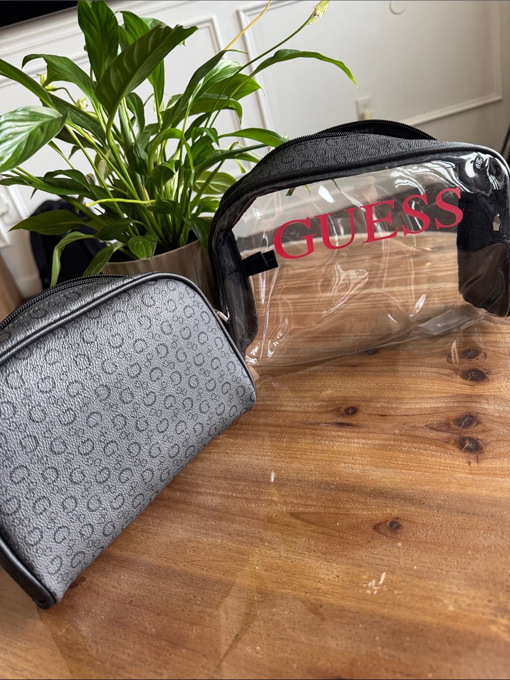 GUESS Gray Monogram and Clear Travel Toiletry Bag Set with Red Logo